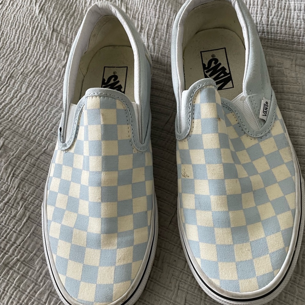 Vans slip-ons. Baby blue and pale yellow checkered design.
